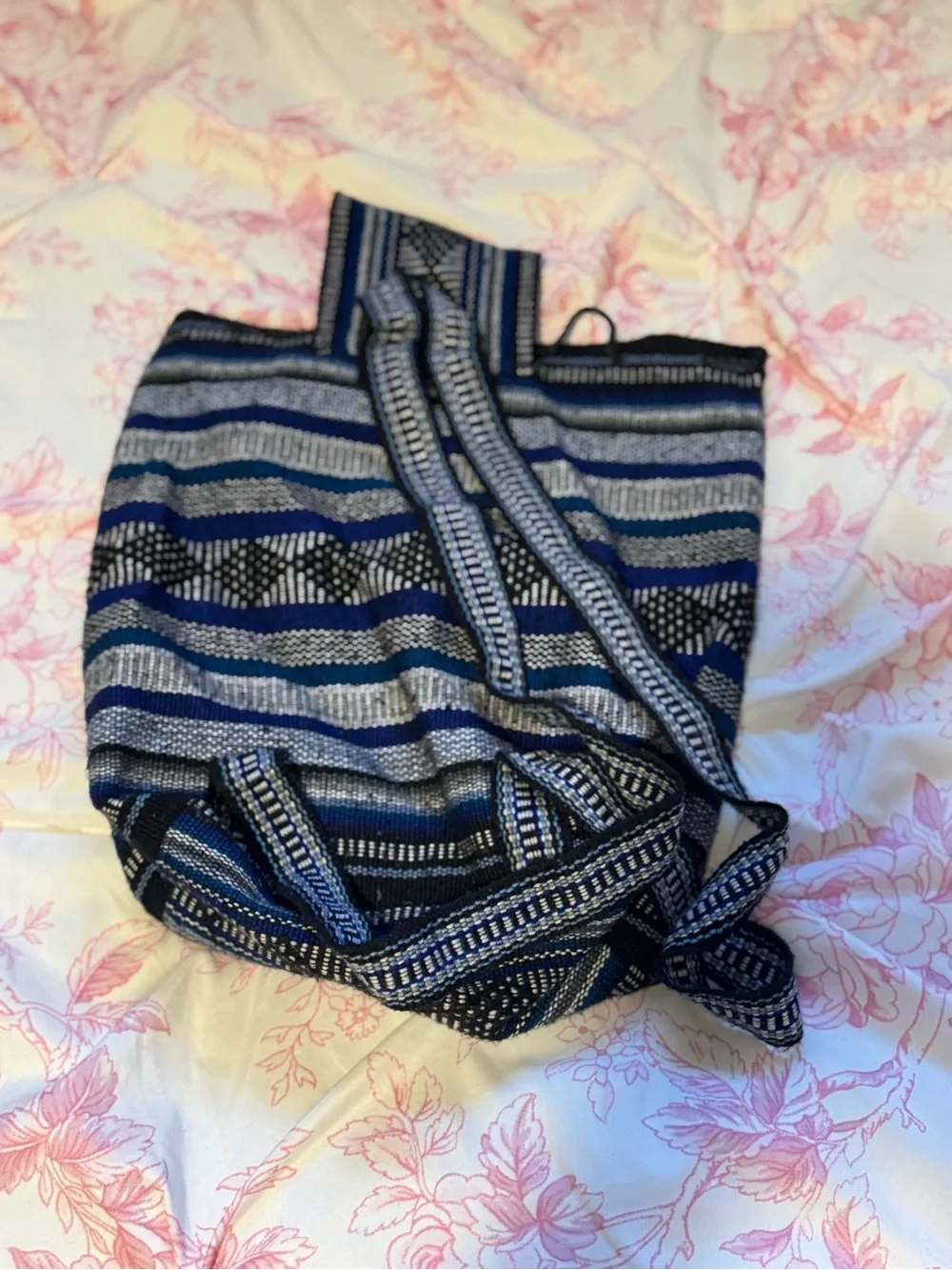 Striped Woven Backpack in Blue, Black & Gray